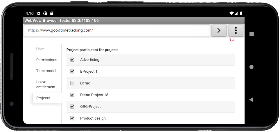 Project membership select list on a mobile device