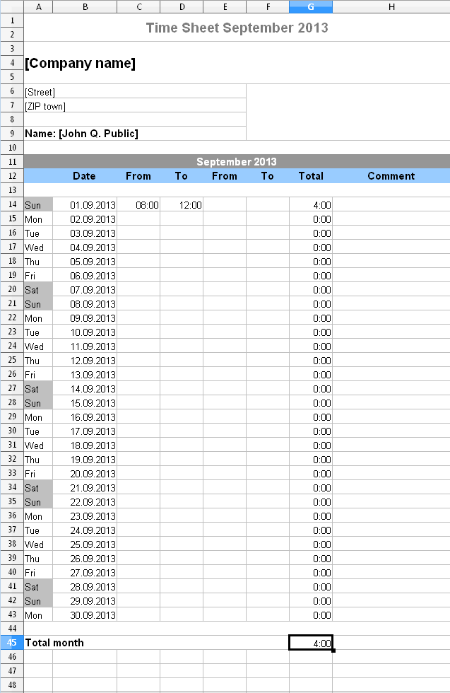 monthly time sheet