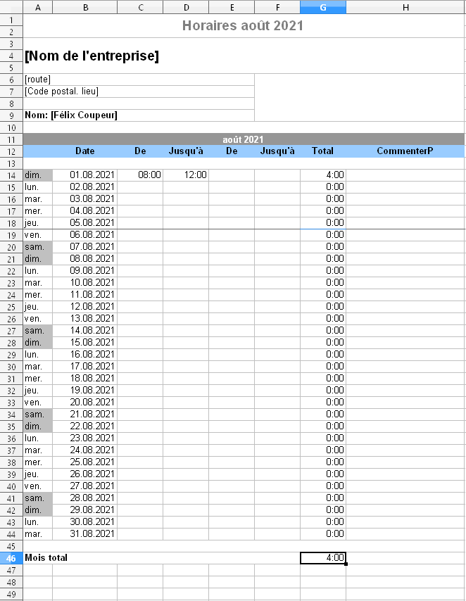 Suivi du temps via la feuille de temps Excel