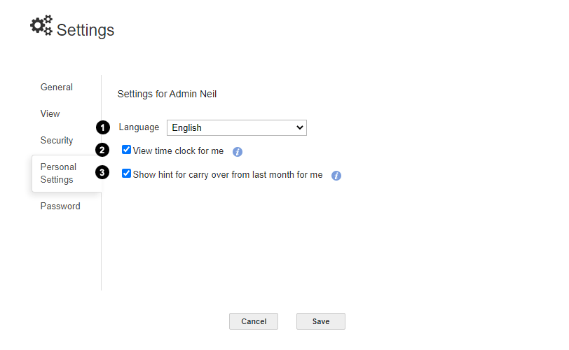 Time Registration Personal Settings