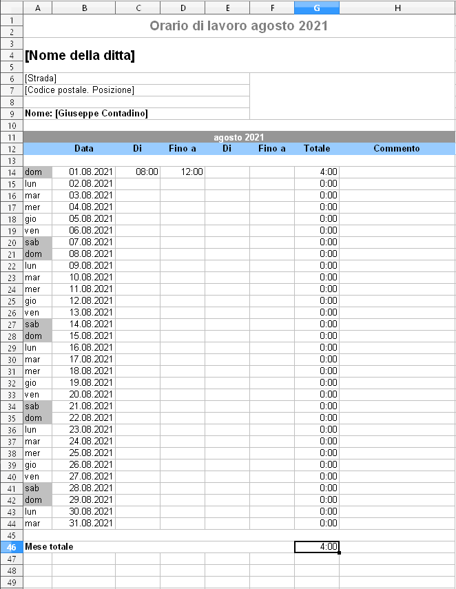 Tracciamento del tempo tramite foglio presenze Excel